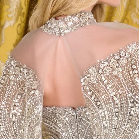 New Dark Silver Rhinestones Embellished Mother Of Bride Mesh Dress GL3705 - Picture 14 of 16